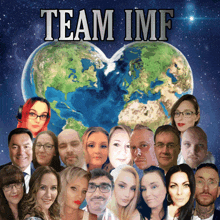 a group of people are posing in front of a heart shaped earth with the words team imf above them