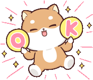 a cartoon shiba inu dog is holding two circles with the letter k on them and smiling .