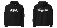 the front and back of a black hoodie with the word blizzard on the back