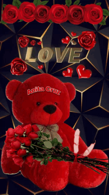 a red teddy bear is holding a bouquet of red roses and has the name anita cruz on it