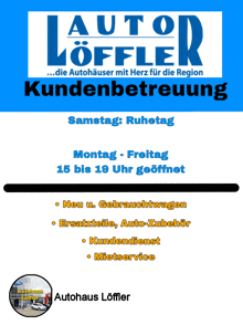 a blue and white poster for auto loffler kundenbetreuung