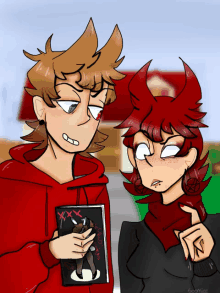 a drawing of a boy in a red hoodie and a girl in a black sweater