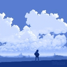 a pixel art of a person standing in front of a blue sky with clouds .