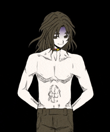 a drawing of a shirtless anime character with a collar around his neck