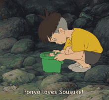 a cartoon of a boy holding a green bucket with the words " ponyo loves sousuke " below him