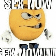 a yellow smiley face with white gloves and boots is standing next to a sign that says `` sex now sex now ! ''