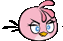 a pink angry bird with blue eyes and a yellow beak is looking angry .