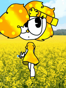 a drawing of a girl in a yellow dress standing in a field of yellow flowers