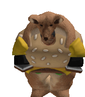 a cartoon kangaroo holding a hamburger with a yellow shirt on