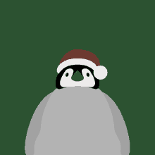 a penguin wearing a santa hat is looking at the camera