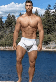 a shirtless man in white boxer shorts stands in front of a lake