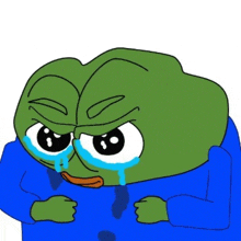 a cartoon frog with tears coming out of its eyes is wearing a blue shirt .