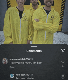 a screenshot of three men in yellow suits with a reply from mr. beast