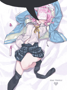 a drawing of a girl laying on a bed with rina tennoji written on the bottom