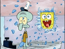 spongebob and squidward from spongebob squarepants are standing next to each other in a boat .