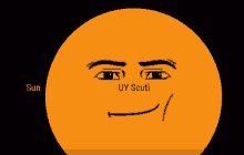 a cartoon drawing of the sun with a smiling face and the words uy scuti below it