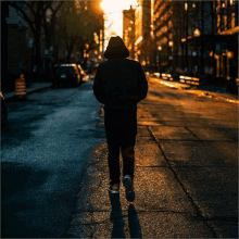 a person wearing a hooded jacket is walking down a city street