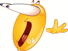 a cartoon smiley face with its mouth wide open and the word ok on it