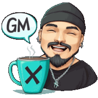 a cartoon of a man holding a cup of coffee with a gm speech bubble