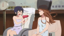 a cartoon of a girl blow drying another girl 's hair in front of a sign that says tbs