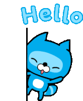 a blue cat is peeking out from behind a wall with the word hello written above it