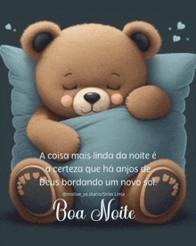 a teddy bear is sleeping on a pillow with the words boa noite written below it