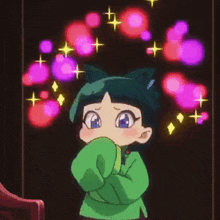 a little girl with cat ears is standing in front of a window with hearts and stars coming out of it .