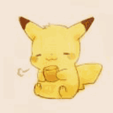 a drawing of a pikachu holding a cup of tea .