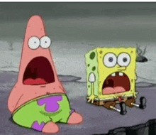 patrick and spongebob are sitting next to each other with their mouths open .