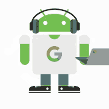 a robot with headphones and a google logo on his shirt