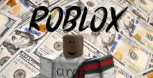 a pile of 100 dollar bills with the word roblox on top