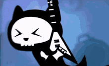 a black and white skeleton cat is holding a guitar in its mouth .