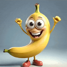 a cartoon character of a banana with big eyes and arms and legs