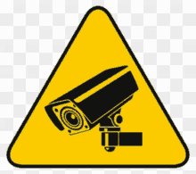 a yellow triangle with a black icon of a security camera