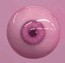 a close up of a pink eye with purple irises on a pink background