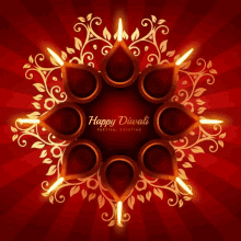 a happy diwali greeting card with candles in a circle on a red background