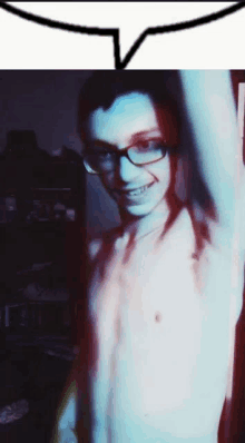 a shirtless man with glasses and a speech bubble in the background