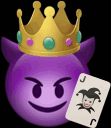 a purple smiley face with a crown and a joker card