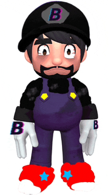 a cartoon character with the letter b on his head