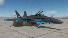 a black fighter jet with spamraamazon prime written on the side