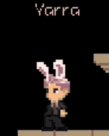 a pixel art of a man in a suit with bunny ears on his head