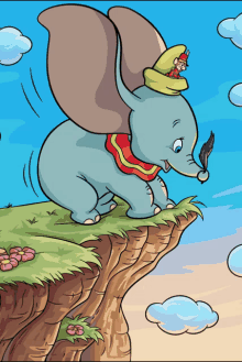 a cartoon of dumbo standing on a cliff