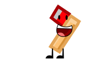 a cartoon character with a red box on top of a piece of wood