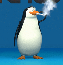 a cartoon penguin is smoking a cigarette with smoke coming out of his mouth