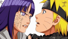 naruto and hinata are standing next to each other and looking at each other in a cartoon .