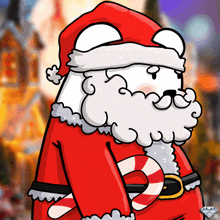 a cartoon of santa claus holding a candy cane with a diamond logo in the corner