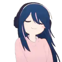 a girl with blue hair wearing headphones and a pink sweater