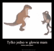 a picture of a dinosaur and a frog with a foreign language on it .