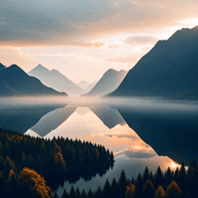 a lake surrounded by mountains and trees with the sun shining through the clouds