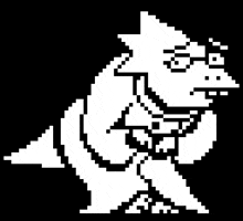 a black and white pixel art of a monster with glasses and a gun .